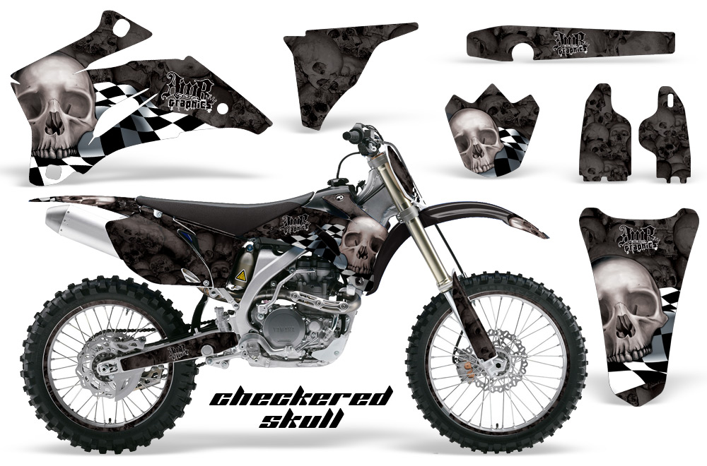 Yamaha YZ 250F 450F 02-09 Graphics Kit Checkered Skull Silver BLACKBG NPs